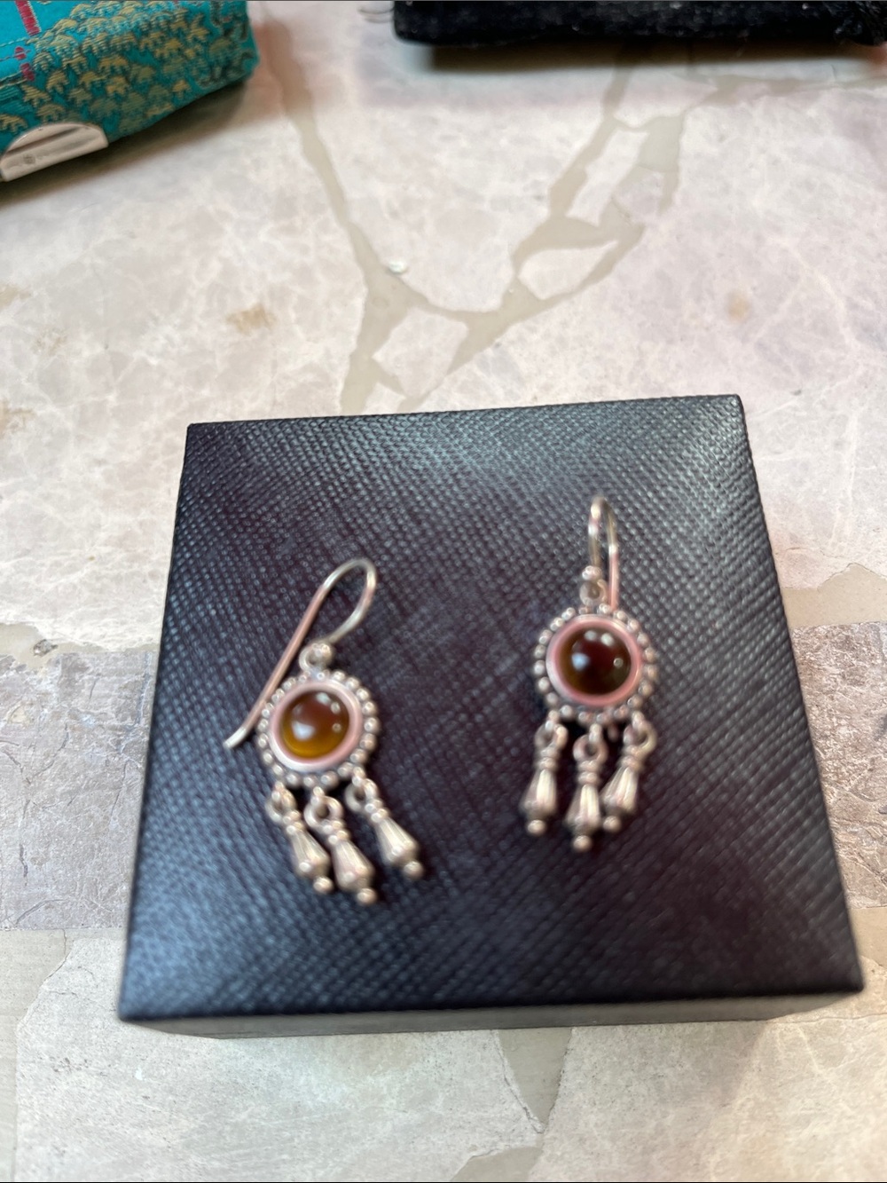 Native Sterling Silver Dangle Earrings with Brown Cat's Eye Stones